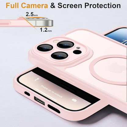 ROYBENS for iPhone 14 Matte Clear Case Compatible with Magsafe, Full Camera Lens Protection, Screen Protector, Wrist Strap, Translucent Magnetic Slim Hard Protective Phone Cover, Pink
