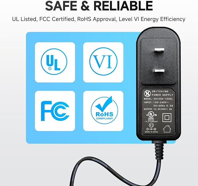 UL Listed 2 Pack 12V 1A 10ft Power Supply Adapter, AC to DC 12W 12V 1000mA 800mA 500mA Replacement Power Cord for CCTV Security Camera DVR LED Strips Router BT Speaker LED Mirror Desk Lamp and More
