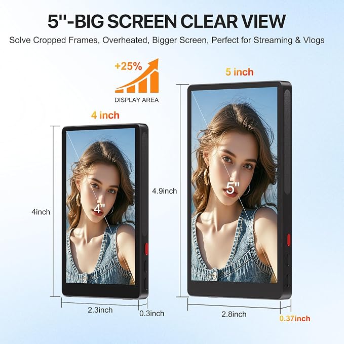5" Selfie Monitor Screen iPhone 17,1080P Wireless Screen Mirroring Back Camera Monitor iPhone, Magnetic Selfie Screen with Headphone Jack, 2600mAh,100ft Remote for Vlog, Snaplylens for iPhone, Android