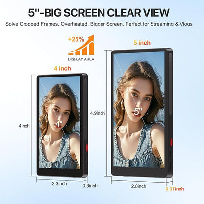 5" Selfie Monitor Screen iPhone 17,1080P Wireless Screen Mirroring Back Camera Monitor iPhone, Magnetic Selfie Screen with Headphone Jack, 2600mAh,100ft Remote for Vlog, Snaplylens for iPhone, Android