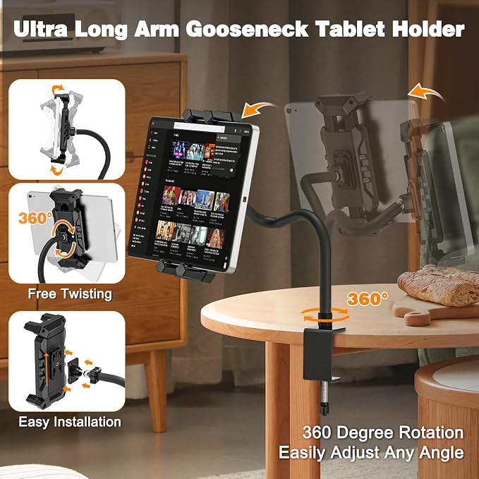 Tablet Stand Holder, Gooseneck iPad Desk Mount for Kitchen, Work Meetings, Video, Tablet Clamp Mount Compatible with iPad mini/Air/Pro, Kindle Fire HD, Galaxy Tabs and All 4.7-13.5" Tablets