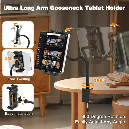 Tablet Stand Holder, Gooseneck iPad Desk Mount for Kitchen, Work Meetings, Video, Tablet Clamp Mount Compatible with iPad mini/Air/Pro, Kindle Fire HD, Galaxy Tabs and All 4.7-13.5" Tablets