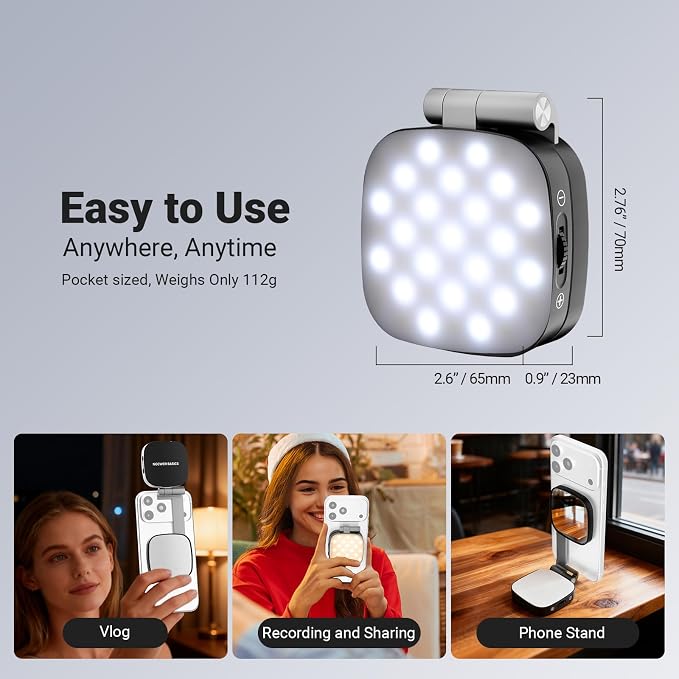 NEEWER Basics Magnetic Selfie Light Compatible with MagSafe iPhone, 2W CRI95+ Bi Color Swivel Small LED Phone Fill Lighting, 680lx/0.3m, Mirror for Vlog Recording Makeup Video Conference, NL45B Black
