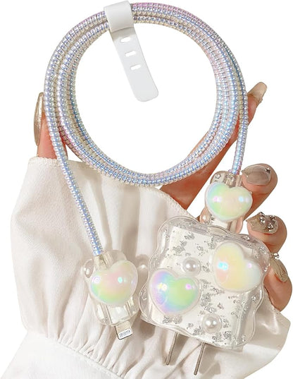 Lovmooful Compatible for iPhone 18W/20W USB-C Charger Cover Clear Lovely 3D Love Heart Pearl Waves Design Soft Charger Protector Cute Cable Case Saver Protector for Girls Women-Crystal Heart