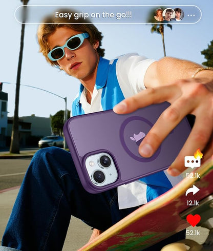 FNTCASE for iPhone 15 Case: for iPhone 14 Case & iPhone 13 Case [Compatible with Magsafe] Translucent Matte Cases with [Screen Protector] Military Grade Shockproof Protective Phone Cover - Purple