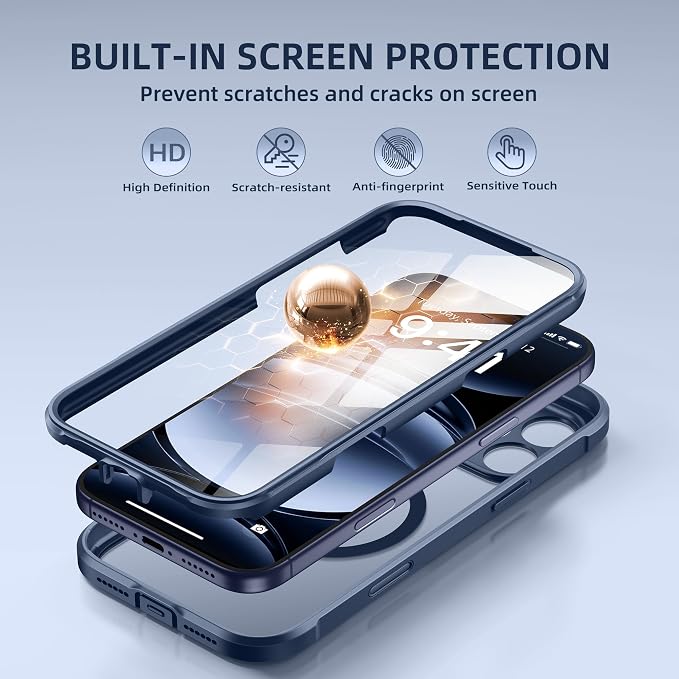 BERFY for iPhone 17 Pro Case, Compatible with MagSafe, Built-in Glass Screen Protector, Camera Protection, Shockproof Full Body Phone case 6.3", Clear Deep Blue