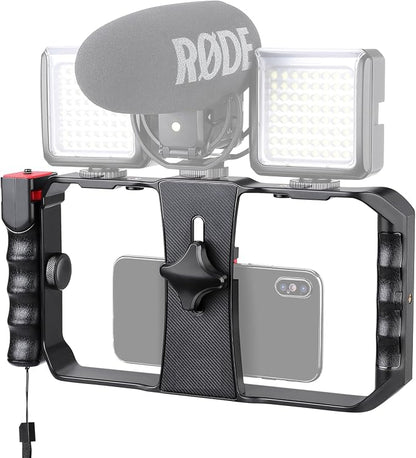 Smartphone Video Rig, Filmmaking Vlogging Cage, Phone Stabilizer Tripod Mount with Wireless Remote Shutter for All iPhone and Android Smartphones
