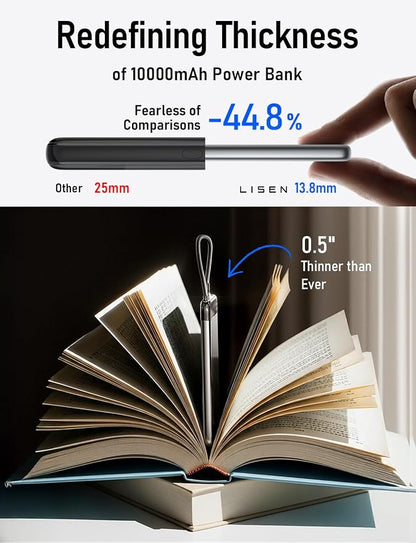 LISEN [CCC Certified] [Metal Alloy] 0.5" Ultra Slim 10000mAh Power Bank, TSA Approved Airplane Travel Essentials, Portable Charger USB C Fast Charging for iPhone 17 Air 16 15 Pro Samsung Galaxy S26
