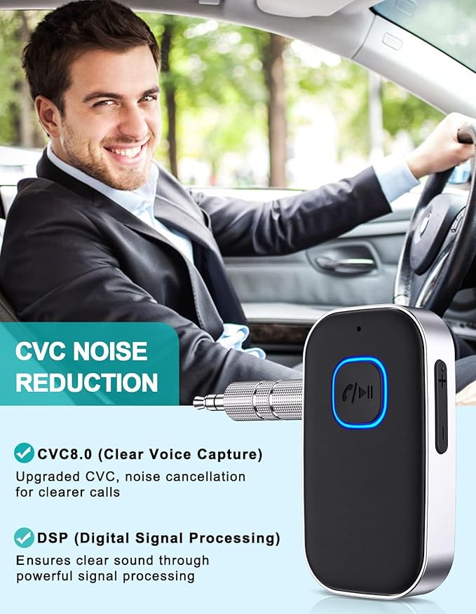 Bluetooth Car Adapter, WOCBUY 3.5mm AUX Bluetooth Receiver for Music Streaming, Wireless Music Audio Adapter with Built-in Mic, Home Stereo, Speakers (Handsfree Car Kits, 16H Playtime)