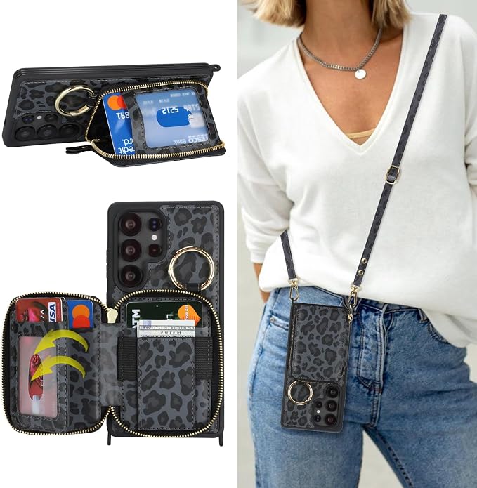 Crossbody Wallet Case for Galaxy S25 Ultra, PU Leather Zipper Handbag Purse Flip Cover, Kickstand Folio Case with Card Slots Holder Wrist Strap Lanyard -Black Leopard