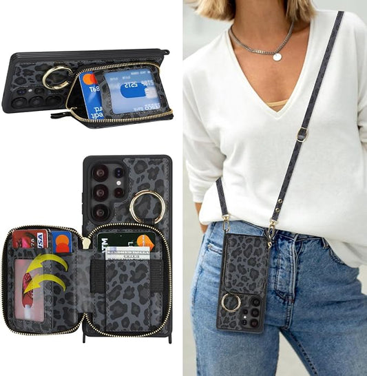 Crossbody Wallet Case for Galaxy S25 Ultra, PU Leather Zipper Handbag Purse Flip Cover, Kickstand Folio Case with Card Slots Holder Wrist Strap Lanyard -Black Leopard