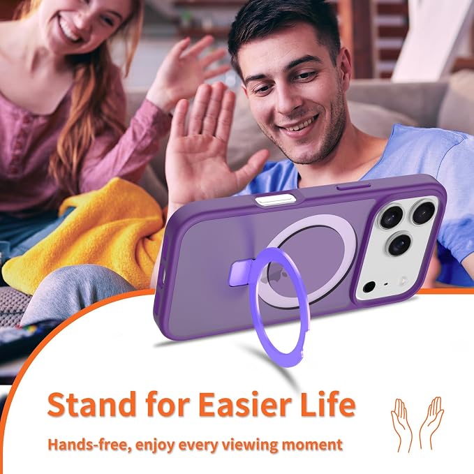Ultra-Magnetic Stand for iPhone 17 Pro Case [Military Drop Protection] [Compatible with MagSafe] Shockproof Translucent Matte Slim Ring Holder Case for iPhone 17 Pro (Purple)