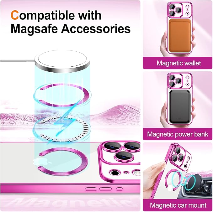Hython for iPhone 17 Pro Max Case Glitter Clear Magnetic Phone Cases [Compatible with MagSafe] Full Camera Lens Protector Sparkle Luxury Plating Slim Shockproof Protective Cover, Gradient Hot Pink