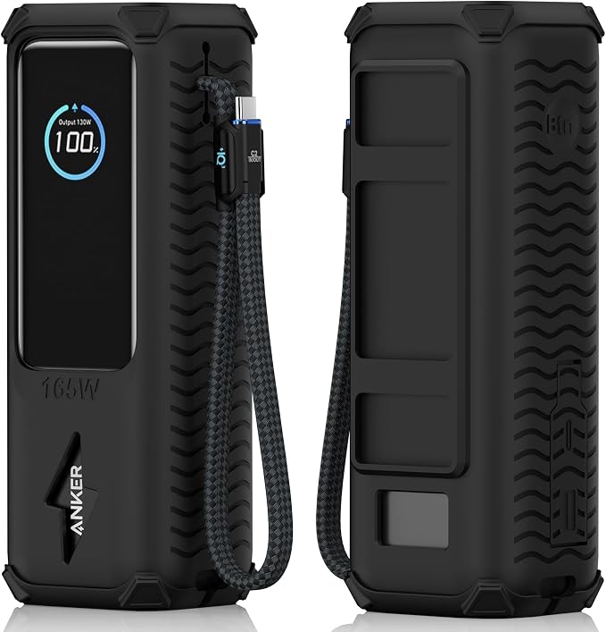 Silicone Case for Anker Laptop Power Bank (25000mAh 165W), with Charging Cable Holder, Portable Protective Cover Compatible with Anker 25000mAh 165W Power Bank for Travel & Daily Use (Black)