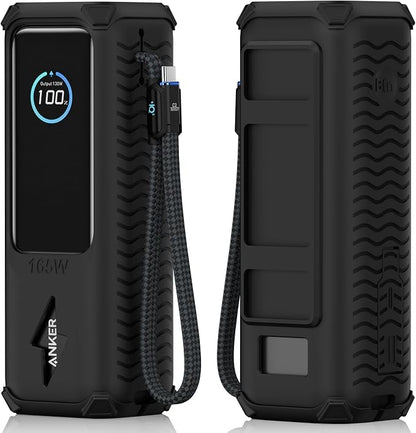 Silicone Case for Anker Laptop Power Bank (25000mAh 165W), with Charging Cable Holder, Portable Protective Cover Compatible with Anker 25000mAh 165W Power Bank for Travel & Daily Use (Black)