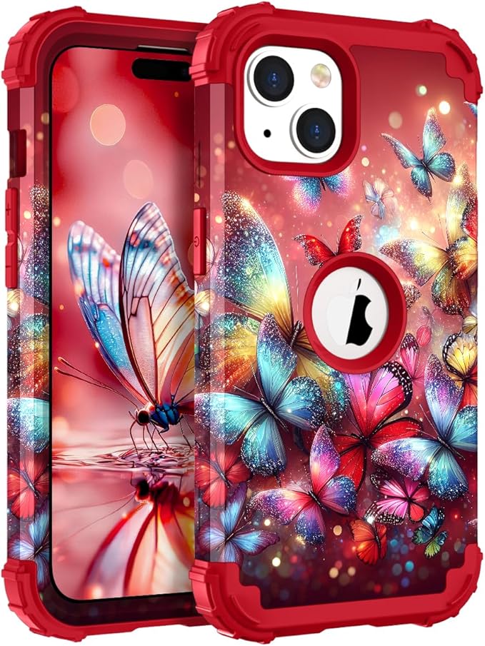 Hocase for iPhone 15 Plus Case, Heavy Duty Shockproof Protection Soft Silicone Rubber Bumper+Hard Plastic Hybrid Protective Case for iPhone 15 Plus 6.7" 2023 - Shimmering Butterflies in Red