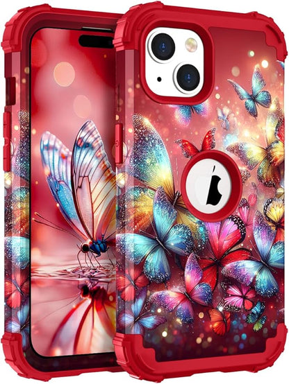 Hocase for iPhone 15 Plus Case, Heavy Duty Shockproof Protection Soft Silicone Rubber Bumper+Hard Plastic Hybrid Protective Case for iPhone 15 Plus 6.7" 2023 - Shimmering Butterflies in Red
