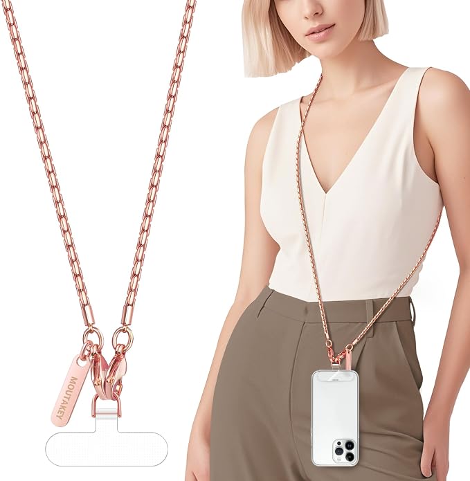 MOUTAKEY Metal Cell Phone chain Crossbody Phone lanyard with 2 Tether Tabs Detachable iPhone Chain Crossbody Strap,Non-rusting,Solid,iPhone Lanyard for Women Girls Travel Shopping Party Camping