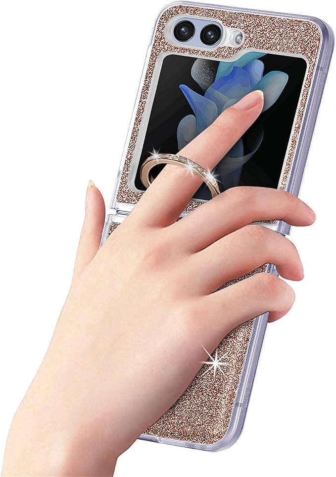 Bling Glitter Case for Samsung Galaxy Z Flip 6 with Ring Holder,Women Girls Cute Phone Case Non Slip Ultra Slim TPU Bumper Shockproof Protective Case for Galaxy Z Flip 6 5G 2024,Gold