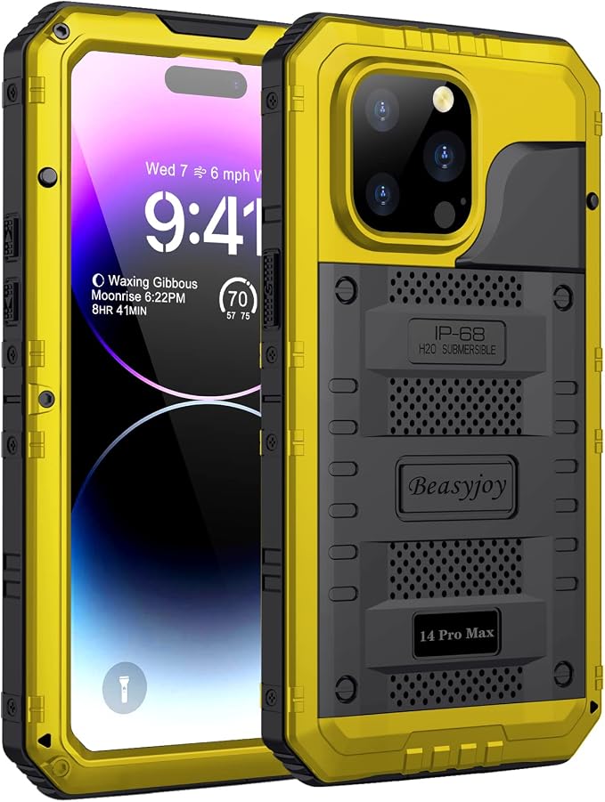 Beasyjoy for iPhone 14 Pro Max Waterproof Case, Metal Heavy Duty Case with Built-in Screen Protector, Full Body Protective Military Grade Shockproof Dustproof Defender Rugged Case 6.7 Inch, Yellow