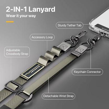 MAGEASY 2-In-1 Cell Phone Lanyard Crossbody - Universal Crossbody Phone Leash & Wrist Strap with Built-in Keychain, Phone Tether Tab | Anti Drop & Anti Theft for Daily & Travel (Concrete Grey)