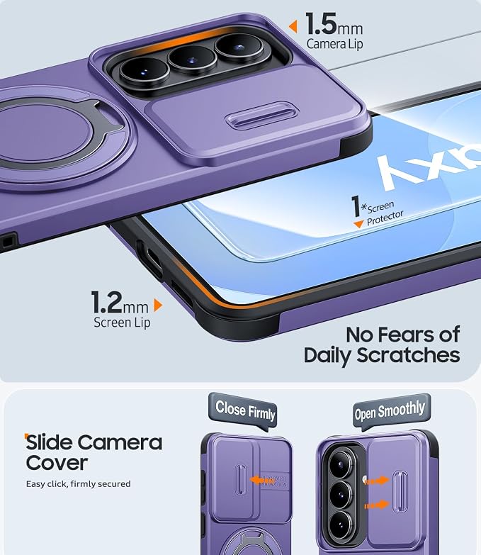 JAME for Samsung Galaxy S26 Case, Ring Holder Stand Kickstand, Slide Camera Cover with Screen Protector, Dual-Layer Shockproof Protective, Magnetic Accessory Friendly Galaxy S26 Phone Case, Purple