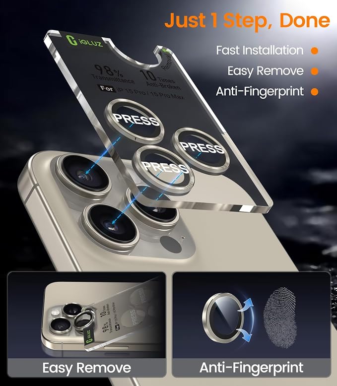 iGluz 2 Pack Anti-Reflection Camera Lens Protector for iPhone 15 Pro/iPhone 15 Pro Max [Anti-fog Coating][1-Step Installation Tray][Strong Adsorption] 9H Shatterproof Tempered Glass-Natural Titanium