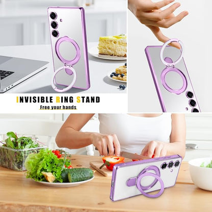 Magnetic Ring Case for Samsung Galaxy S25 Plus Case Kickstand Compatible with MagSafe Built-in Camera Lens Protector Shockproof Phone Case for Samsung S25Plus - Purple