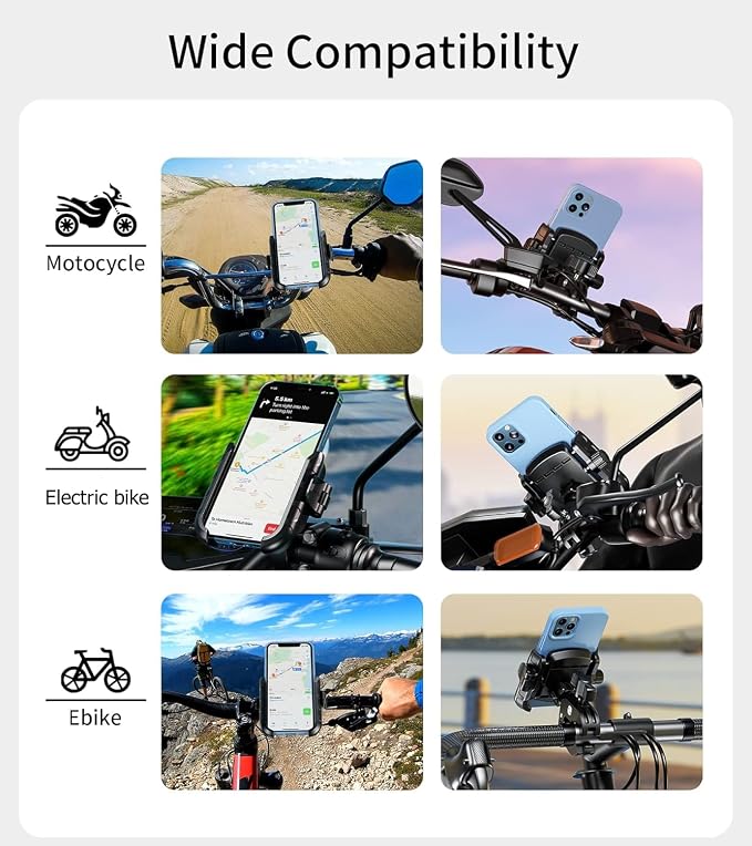 Kewig Motorcycle Phone Mount Holder- [Camera Friendly] [1s Lock & Release] Bike Phone Mount Handlebar Cell Phone Holder for Bicycle Scooter ATV, Fit for 5.4-7.2" Smartphones