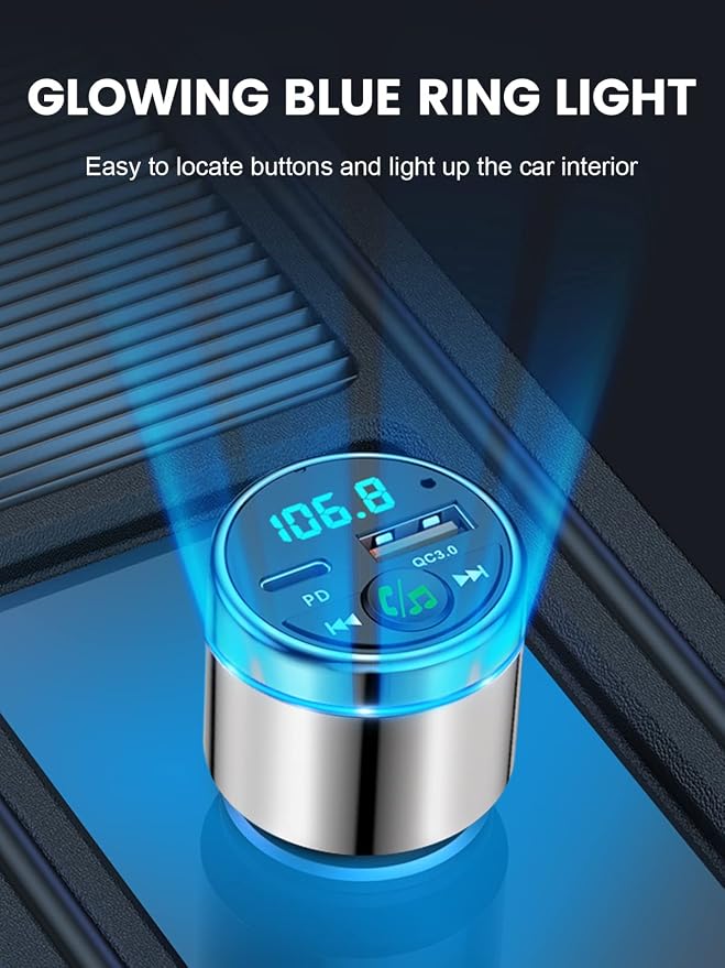 FM Transmitter for Car Bluetooth 5.3, [All-Metal] PD 30W & QC3.0 18W Fast Car Charger, Wireless FM Radio Kit Bluetooth Car Adapter, Noise Cancelling Hands-Free Call, Blue Light - Silver
