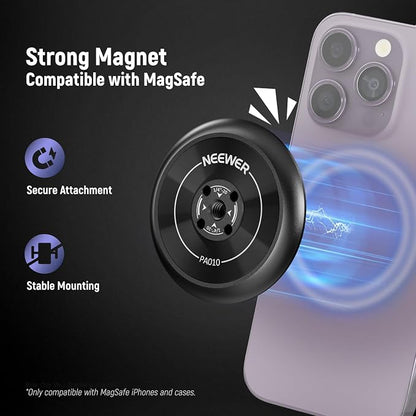 Neewer Magnetic Phone Tripod Mount Adapter with Adhesive Magnetic Ring 2 Pack Compatible with MagSafe iPhone 16 15 Pro Max Plus 14 13 12, 1/4" Thread for Video Recording Selfie Stick Ring Light, PA010