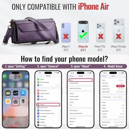 Strapurs Wallet Case Compatible with iPhone Air 6.5" RFID Blocking 10-Card Holder Soft PU Leather Magnetic Snap Shoulder Strap Zipper Pocket Phone Case Fit for iPhone 17 Air for Women - Purple