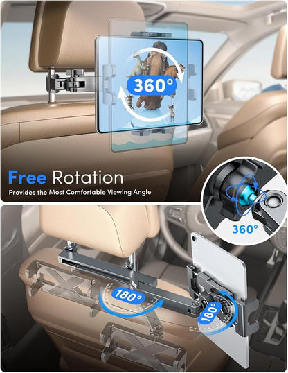 ELWEY iPad Holder for Car Backseat, Headrest Tablet Holder for Car Back Seat, [3 in 1 Extension Arm] Adjustable iPad Car Mount for Kids, for 4.7-13" Device Like iPad Pro, Air, Mini, Galaxy, Fire HD