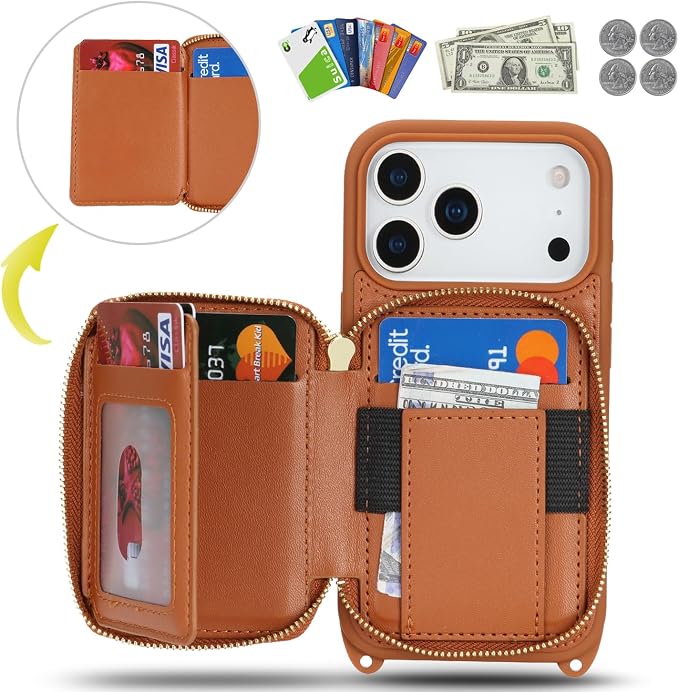 Crossbody Wallet Case for iPhone 17 Pro, PU Leather Zipper Handbag Purse Flip Cover, Kickstand Folio Case with Card Slots Holder Wrist Strap Lanyard 5G 6.3 Inch-Brown