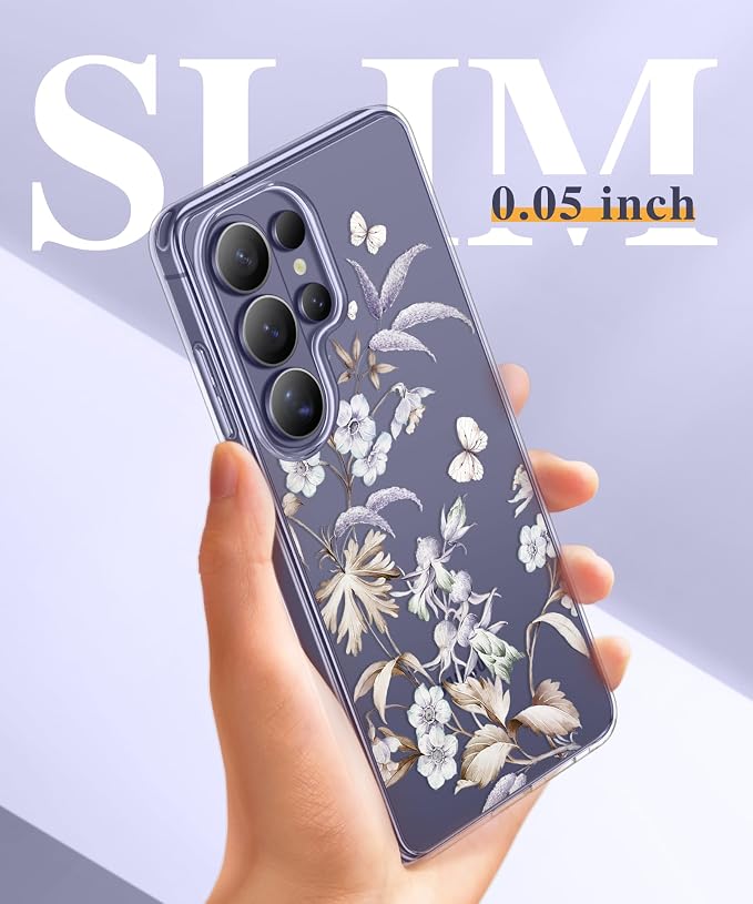 GVIEWIN Compatible with Samsung Galaxy S26 Ultra Case, Clear Floral Slim Shockproof Protective Women Phone Case, Non-Yellowing, with Screen Protector & Camera Lens Protector 6.9", Corals/Lilac