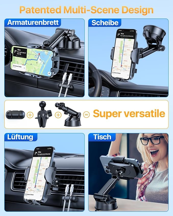 YRU [True Upgrade for Safety] Car Phone Holder Mount [Patent & Military-Grade] Dashboard Cell Phone Holder for Car Vent Windshield Phone Stand for iPhone 17 16 15 14 13 Pro Max Truck Samsung (Grey)