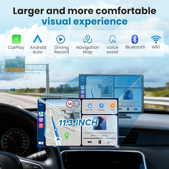 Portable A pple Carplay Screen for Car, 11.3" Extra Large Wireless Car Play & Android Auto Screen for Car, Car Stereo with 4K Dash Cam, App View, Backup Camera,GPS,Mirror Link,FM, Voice Control