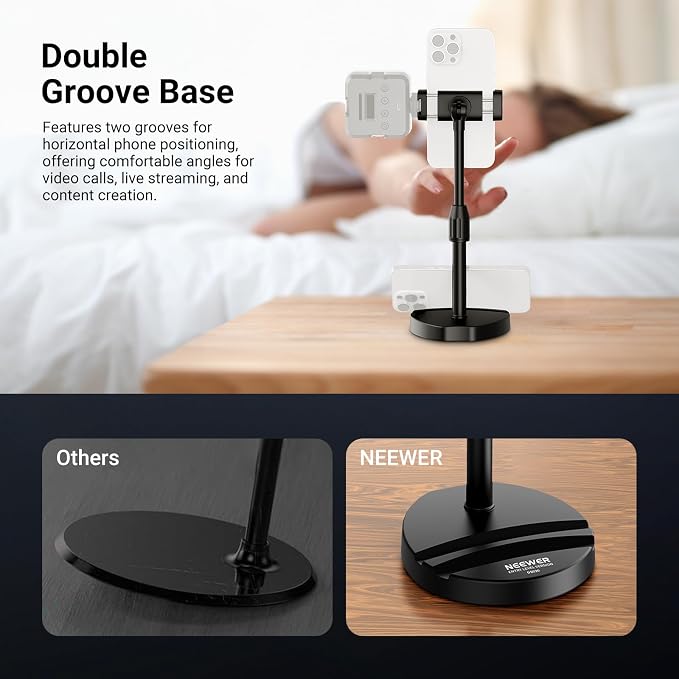 NEEWER ENTRY LEVEL VERSION Cell Phone Stand for Desk, Adjustable Office Bed Table Phone Holder Mount Compatible with iPhone Samsung Android for Video Recording Filming, 360° Rotation & 90° Tilt, DS030