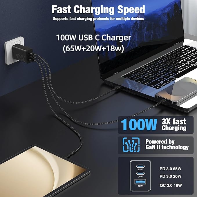 65W Super Fast Charger USB C for iPhone 17 16 15 Pro Max,2Pack 100W [65W Max] 3-Port USB C Wall Charger Block & 3/6/10/10FT Braided Type C Cord for iPhone 17,MacBook iPad for Samsung Galaxy S26 Ultra