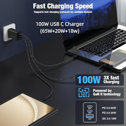 65W Super Fast Charger Type C for Samsung,3 Port 100W PD Quick Charging 3.0 USB C Charger Block & 3/6/10/10FT Braided Type C Cord for Samsung Galaxy S26 Ultra/S26/S25 Ultra/S24/Android/iPhone 17