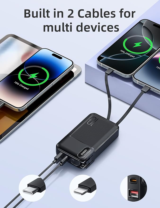 RORRY Portable Charger w/Wall Plug 10000mAh Power Bank 22.5W Battery Pack | Built in Cables, Fast Charging, for iPhone, iPad, Samsung Galaxy, Pixel, LG, Travel Essential, Digital Display, Pocket Size