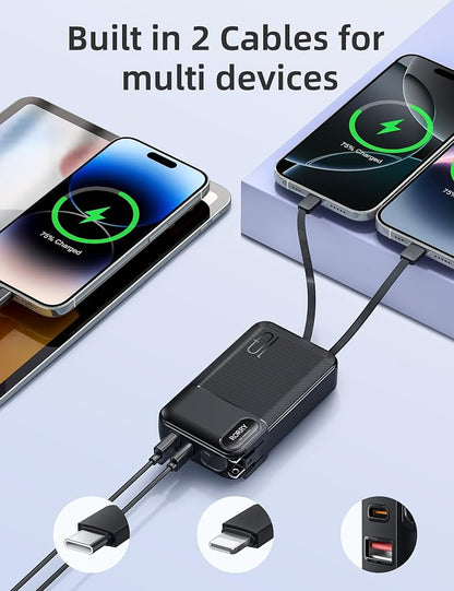 RORRY Portable Charger w/Wall Plug 10000mAh Power Bank 22.5W Battery Pack | Built in Cables, Fast Charging, for iPhone, iPad, Samsung Galaxy, Pixel, LG, Travel Essential, Digital Display, Pocket Size