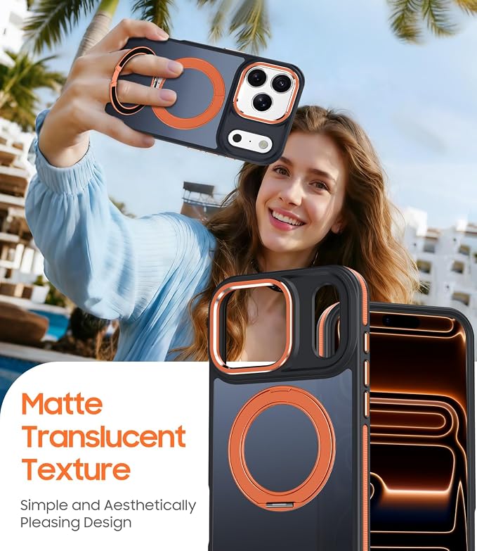 for iPhone 17 Pro Max Case with 360 Magnetic Ring Stand, Fit MagSafe, Military-Grade Shockproof Protection, Non-Slip Slim Translucent Protective Phone Cover, Orange
