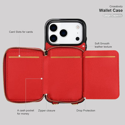 Bocasal Crossbody Wallet Case for iPhone 17 Pro, RFID Blocking PU Leather Zipper Handbag Purse Flip Cover, Kickstand Folio Case with Card Slots Holder Wrist Strap Lanyard 5G 6.3 Inch (Red)