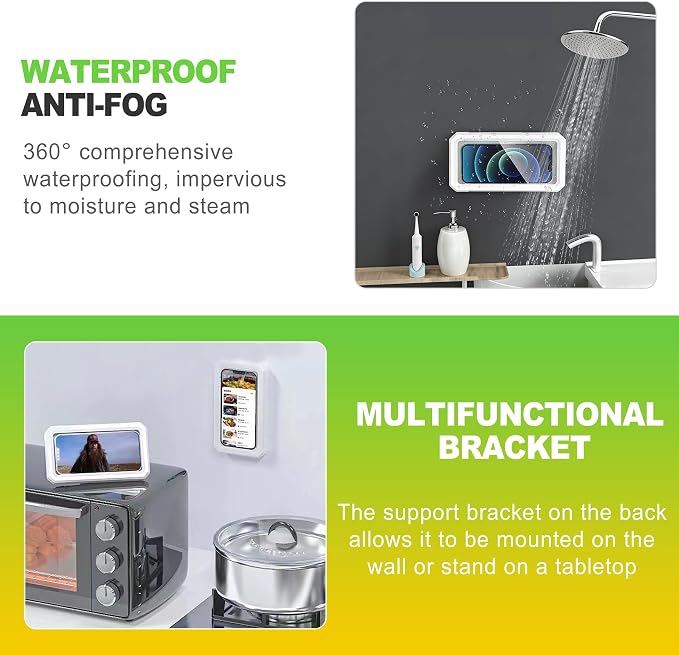 360 Rotation Waterproof Shower Phone Holder Wall Mount Touch Screen Anti Fog Phone Case Fits 4 to 7 Inch Smartphones Hands Free Phone Stand for Shower Bathroom Kitchen Bathtub