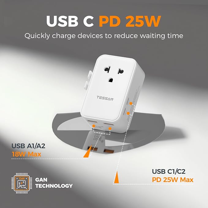TESSAN Universal Travel Adapter PD 25W, White | International Power Adapter, Ultra Thin, 2 USB A 2 USB C, US to European UK Australia Ireland, Type C G A I