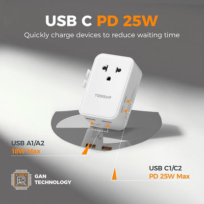 TESSAN Universal Travel Adapter PD 25W, White | International Power Adapter, Ultra Thin, 2 USB A 2 USB C, US to European UK Australia Ireland, Type C G A I