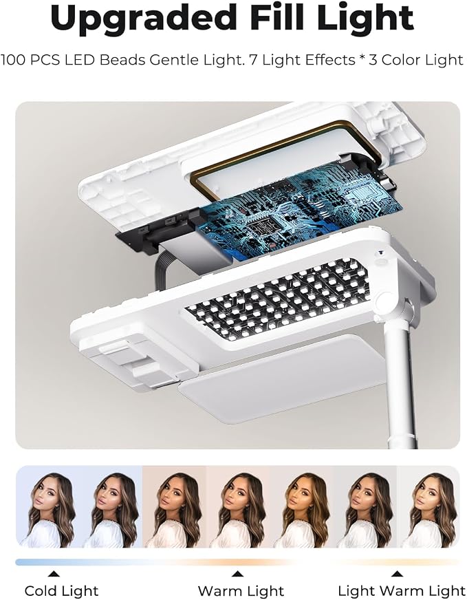 Phone Stand for Recording, Overhead Phone Mount with Light, Selfie Stand,Portable,Extendable,360° Rotate,Adjustable,Wireless Remote,Rechargeable, for 3.5-6.9" Phones, Live Streaming, White