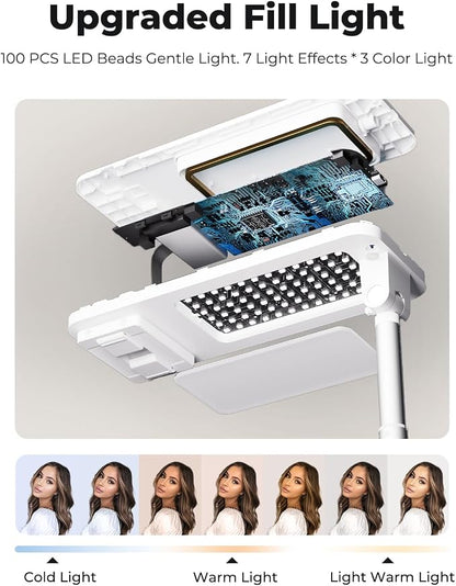 Phone Stand for Recording, Overhead Phone Mount with Light, Selfie Stand,Portable,Extendable,360° Rotate,Adjustable,Wireless Remote,Rechargeable, for 3.5-6.9" Phones, Live Streaming, White