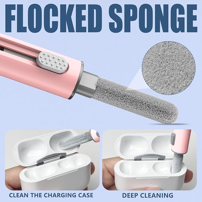 【1 Pack】 Cleaner Kit for Apple Airpods 4 Earbuds,Cleaning Kit Pen Shape with Soft Brush Flocking Sponge Tool for Bluetooth Earphones Headphones Charging Case,Phone,Camera and Computer(Pink)